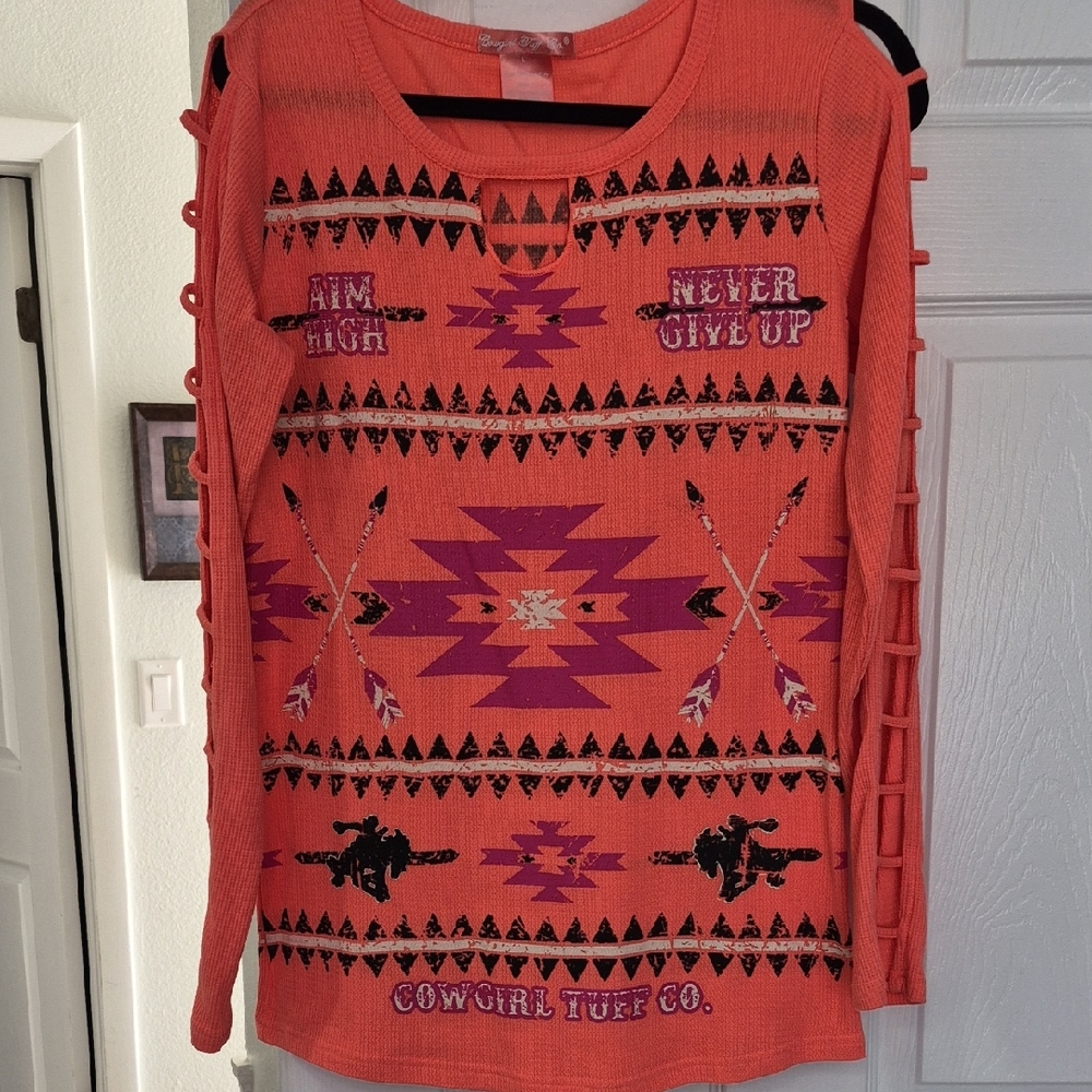 Cowgirl Tuff Co. Orange Graphic Slit Long Sleeve Top , Large